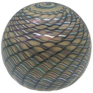Vintage Stuart Abelman 1989 Art Glass Paperweight Gold & Blue Threading Design